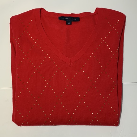 Tommy Hilfiger V Neck Pullover Sweater Red Gold Studs Women’s L Embellished - Picture 3 of 14